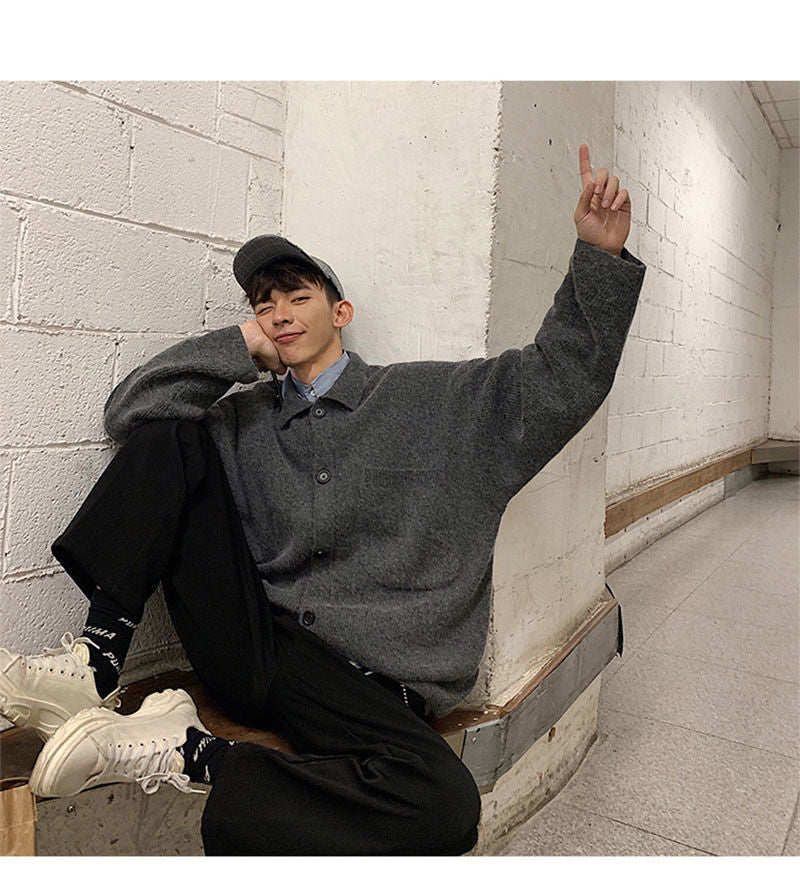 Voguable Oversize Cardigan Men Thick Ins Autumn and Winter Retro Loose Casual Button Solid Color Couple Knit Mens Cardigan Sweater Coat voguable