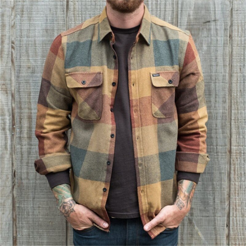 Voguable Fashion Printed Buttoned Shirts Men Casual Slim Turn-down Collar Coats Vintage Plaid Outerwear 2021 New Autumn Mens Streetwear voguable