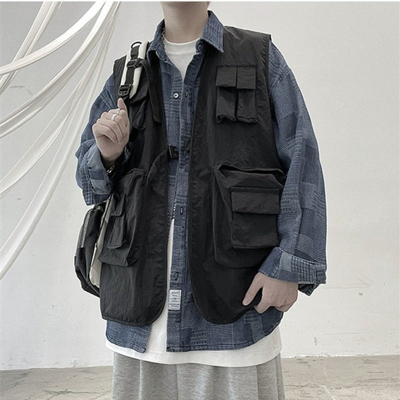 Voguable  Tooling Vest Men Streetwear Cargo Vest Hip Hop Sleeveless Jacket Gilet Multi-Pocket Outdoors Tactical Coat Techwear voguable