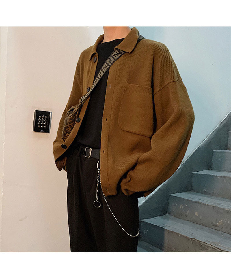 Voguable Oversize Cardigan Men Thick Ins Autumn and Winter Retro Loose Casual Button Solid Color Couple Knit Mens Cardigan Sweater Coat voguable