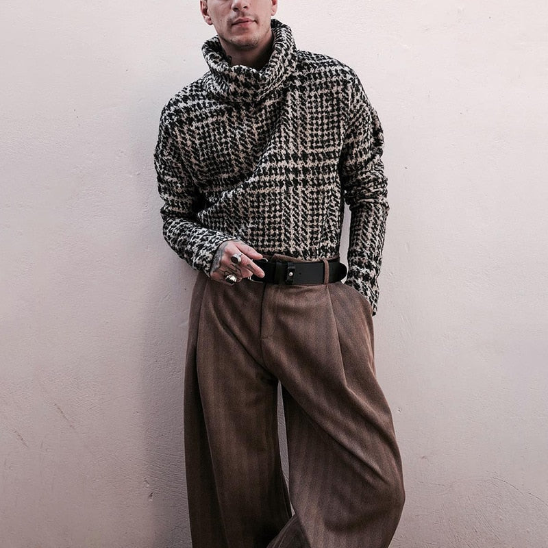 Voguable 2022 Fashion Houndstooth Printed Tops For Men Casual Long Sleeve Turtleneck Sweater Vintage Autumn Winter Mens Loose Jumper Male voguable