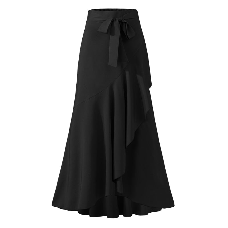 Voguable Long Skirt 2022 Fashion Women Fishtail Maxi Skirts High Waist Belted Party Jupe Sexy Casual Loose Holiday Ruffles Skirts voguable