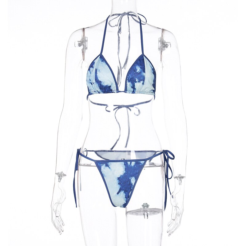 Hugcitar 2021 Tie Dye Print Bandage Sleeveless Crop Top Bra Pantied 2 Pieces Set Summer Women Outfits Tracksuit Swimwear voguable