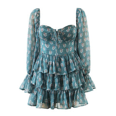 Voguable  Summer Women Floral Print Ruffle Cake Chiffon Dress Sexy Collar Long Sleeve Holiday Vintage Dress Ladies Short Robe voguable