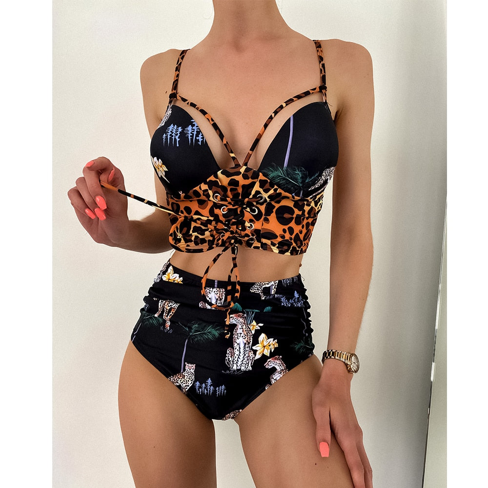 Voguable Sexy High Waist Bikini Women Swimsuit 2022 New Arrival Swimwear Hollow Out Print Striped Bathing Suit Beachwear Biquini Female voguable