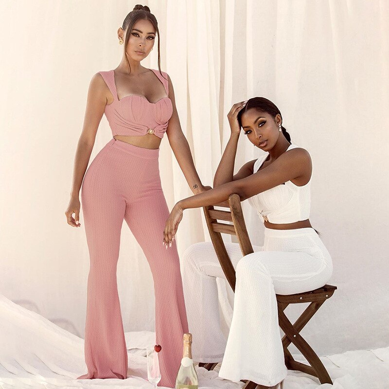 Voguable  2 Piece Set Women Fall Casual Street Loose Stretch Solid OutfitBrand Celebrity Elegant White Knit Camisole and Flared Trouser voguable