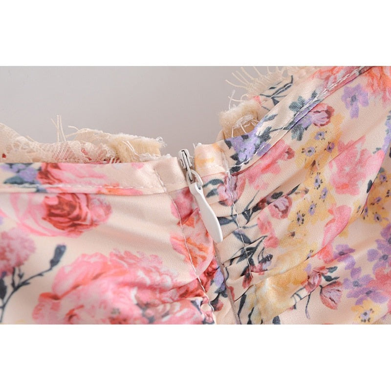 Voguable  Sweet Floral Print Sling Sexy Dress Women Chic Lace Trim V Neck Sleeveless Draped  Bodycon Mini Dress Party Robe Femme voguable
