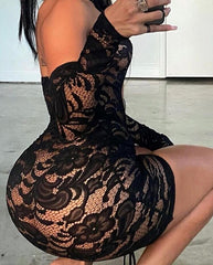 Voguable Lace Up Drawstring Ruched Women Halter Lace Mini Dress 2022 Hollow Out Backless Bodycon Sexy Streetwear See Through voguable