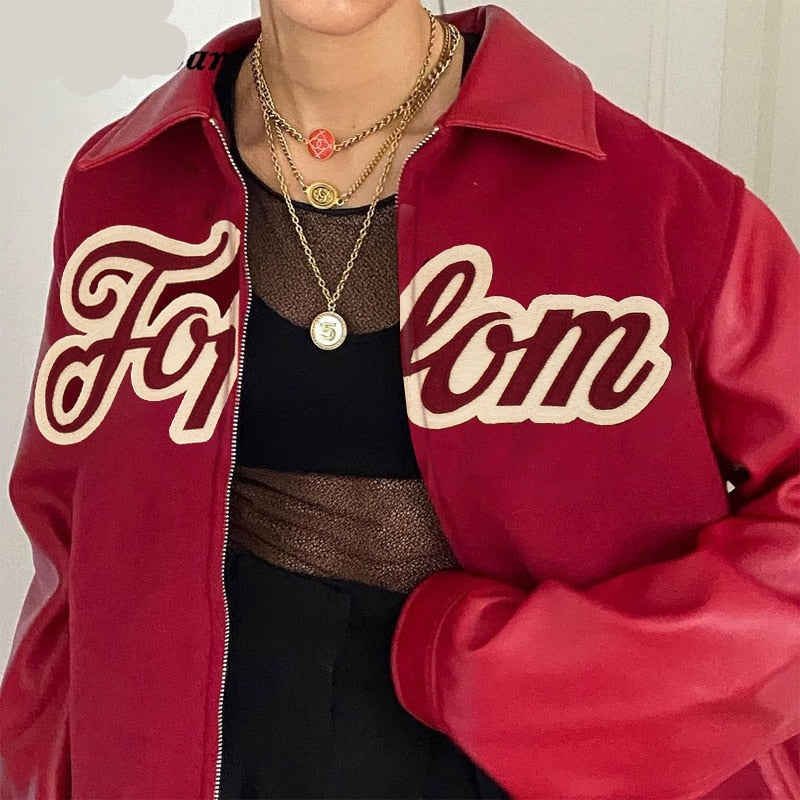 Voguable Pu Leather Letter Print Zipper Long Sleeve Loose Patchwork Jacket Autumn Winter Women Streetwear Outfits Y2K voguable