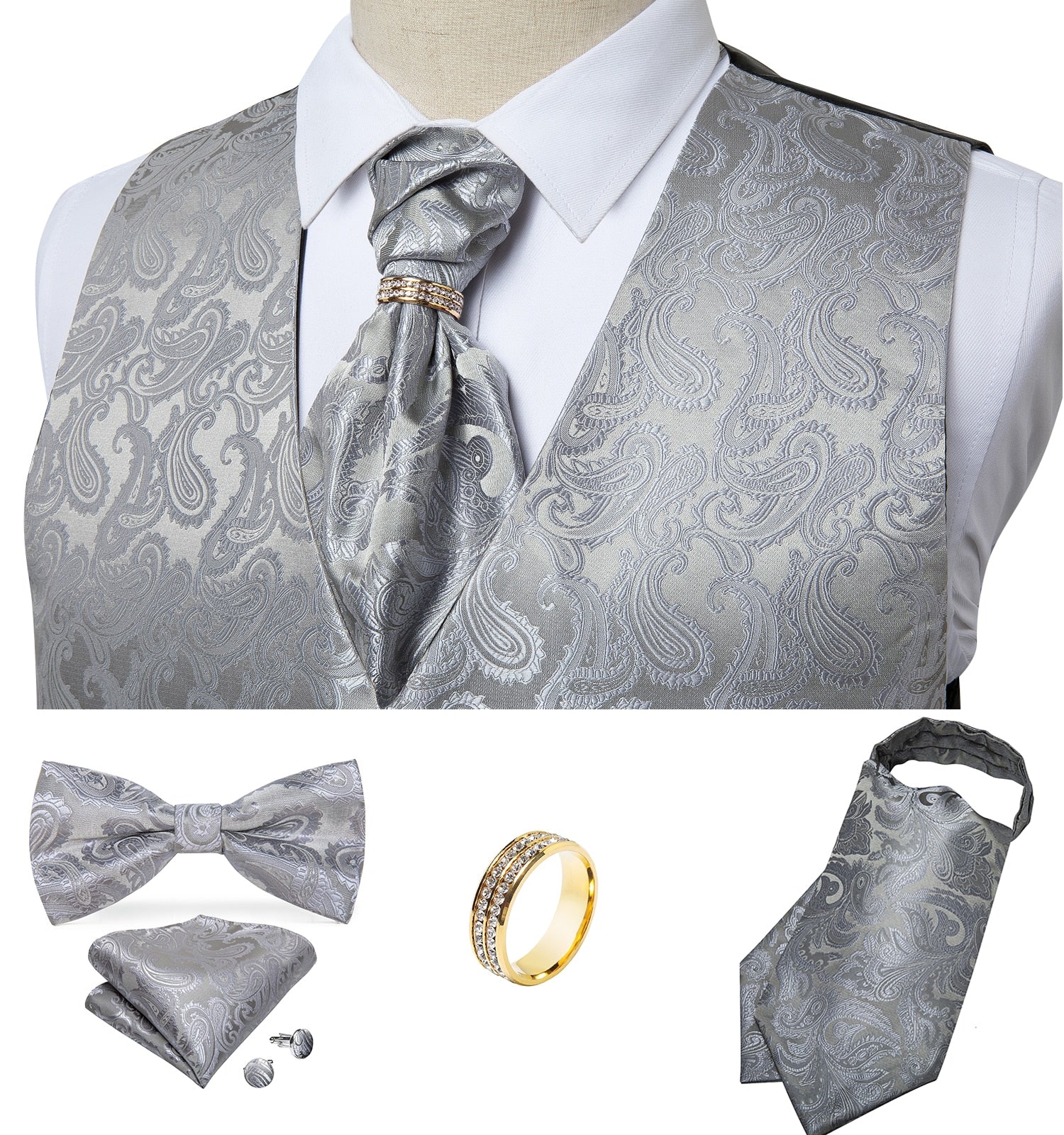 Voguable Men Suit Vest silver Paisley Floral Silk Wedding Waistcoat Men Ascot Tie Pocket Square Necktie Ring Sleeveless Jacket DiBanGu voguable