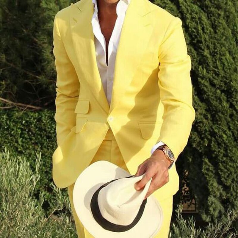 Voguable Yellow Linen Beach Men Suits Slim Fit 2 Piece Wedding Groom Tuxedo with Peaked Lapel Male Fashion Costume Blazer with Pants voguable