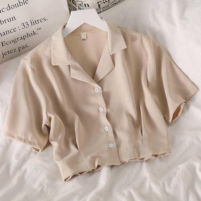 Voguable  Shirts Women Notched Crop Top Simple New Summer Ladies All-match Chic Elegant Ulzzang Harajuku Fashion Solid Chiffon Design Slim voguable