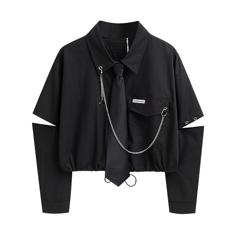 Voguable  Fashion Punk Style Women Shirt Gothic Harajuku Dark Tie And Chain Long Sleeve Split Goth Design Streetwear Blouse Girl Crop Top voguable
