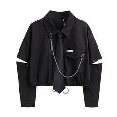 Voguable  Fashion Punk Style Women Shirt Gothic Harajuku Dark Tie And Chain Long Sleeve Split Goth Design Streetwear Blouse Girl Crop Top voguable
