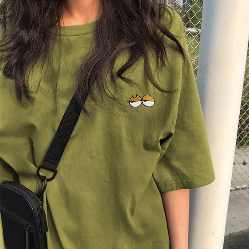 Voguable  BF Style Women T Shirt Short Sleeve O-neck Female Tops Tees Embroidery Solid Color Casual Loose Summer tshirt  New voguable