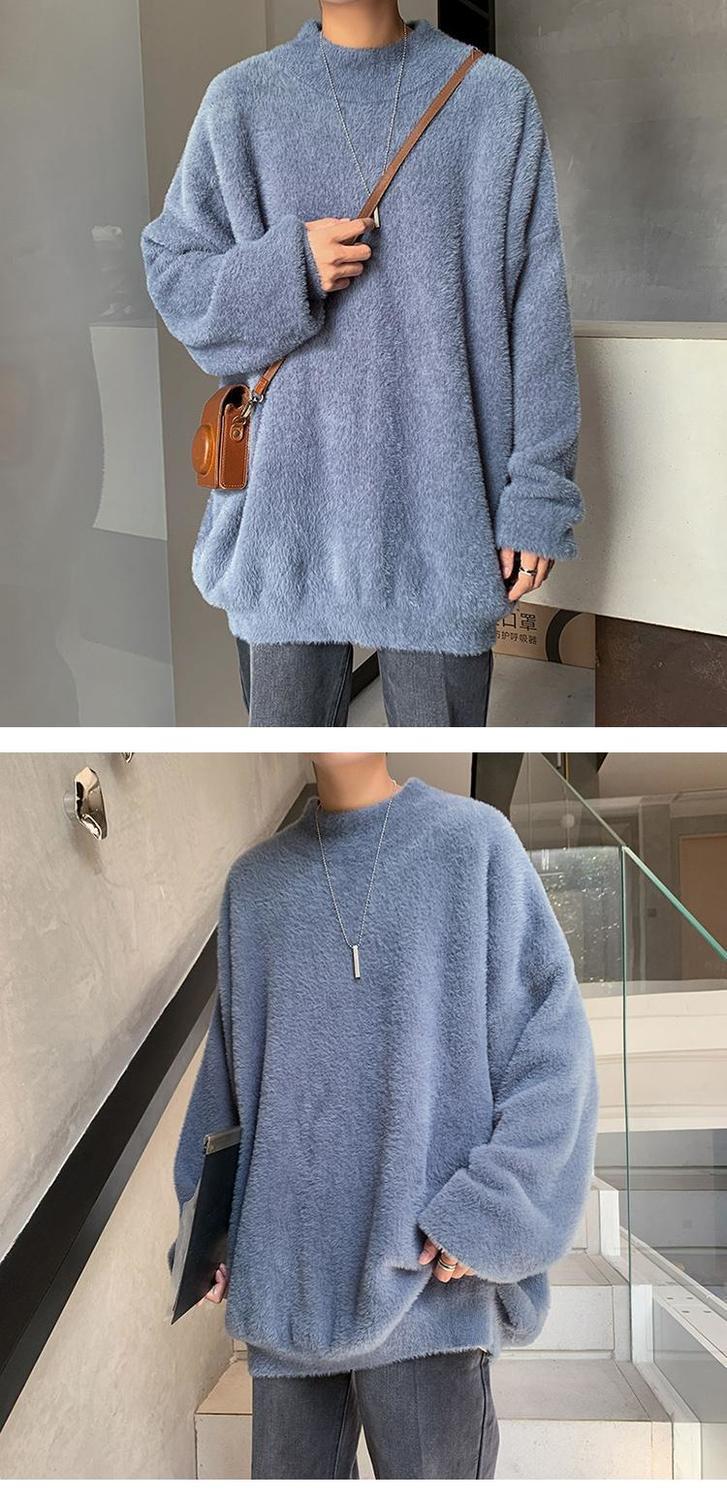 Voguable Autumn and Winter Fleece Men's Sweatshirt Loose Half High Collar Solid Color Trend Korean Wild Warm Lamb Velvet Sweater Men voguable