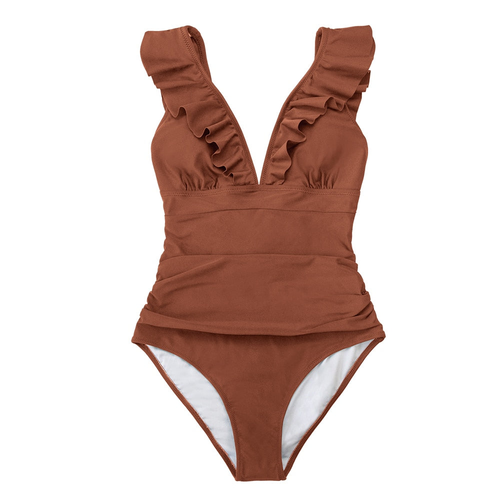 Voguable  Solid Black Ruffled One-piece Swimsuit Women Sexy Lace Up Monokini Swimwear 2022 New Girl Beach Bathing Suits voguable