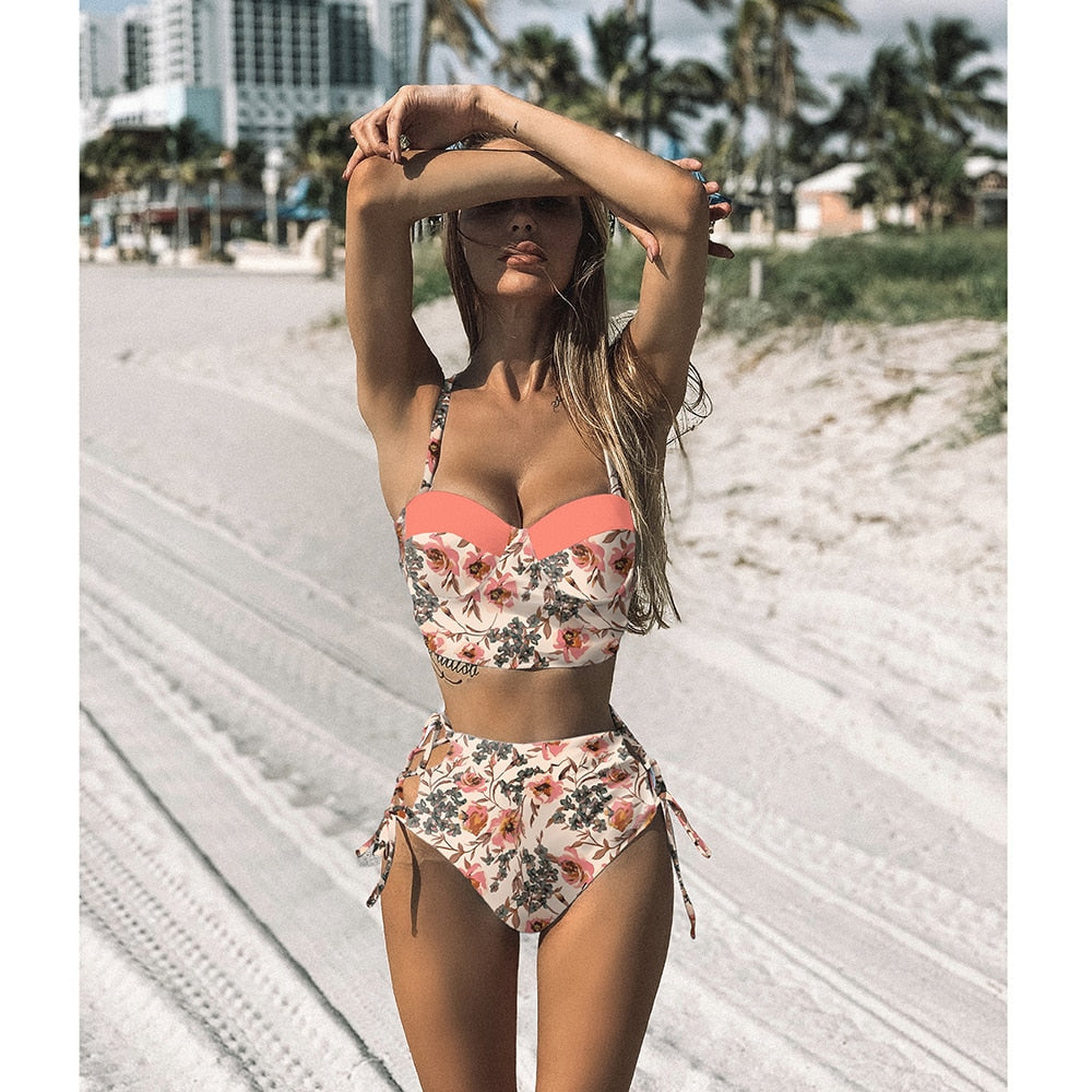 Voguable High Waist Bikini Set 2022 mujer Push Up Bandage Bikini Swimwear Women Floral Two Pieces Swimsuit Strappy biquinitraje de baño voguable