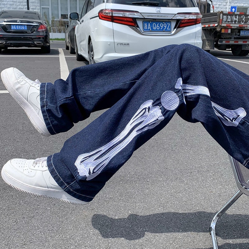 Voguable Men Skeleton Baggy Casual Pants 2021 Mens Japanese Streetwear Wide Leg Denim Trousers Male Y2k Blue Vintage Denim Pants voguable