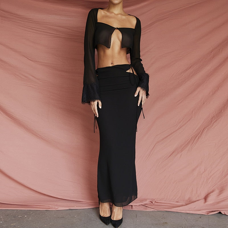 Elegant Fashion Long Sleeve See Through Cutout Cropped Cardigan Maxi Skirt 2 Pieces Sets Outfits Women Dress Sets voguable