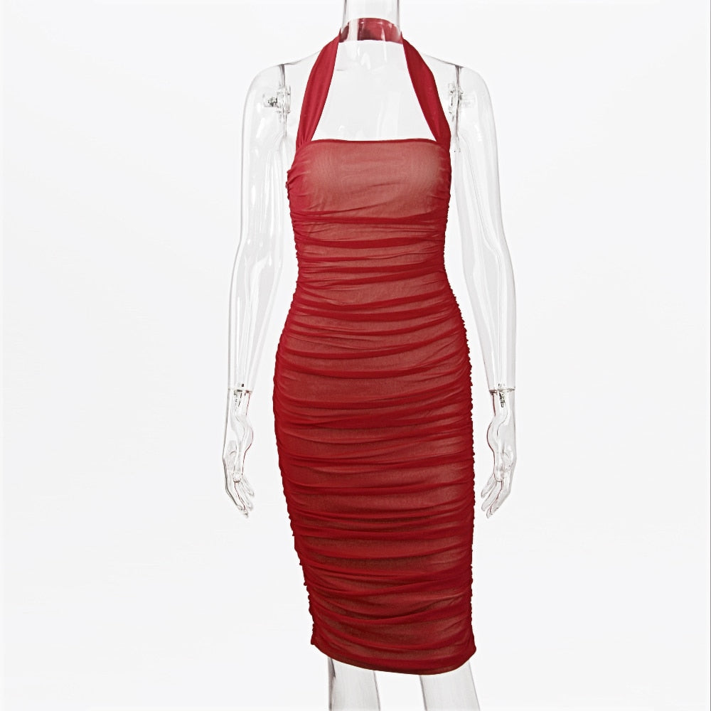 Halter Ruched Mesh Bodycon Club Wear Party Dress Solid Stretchy Sexy Women Outfits Slit Elegant Midi Dress voguable