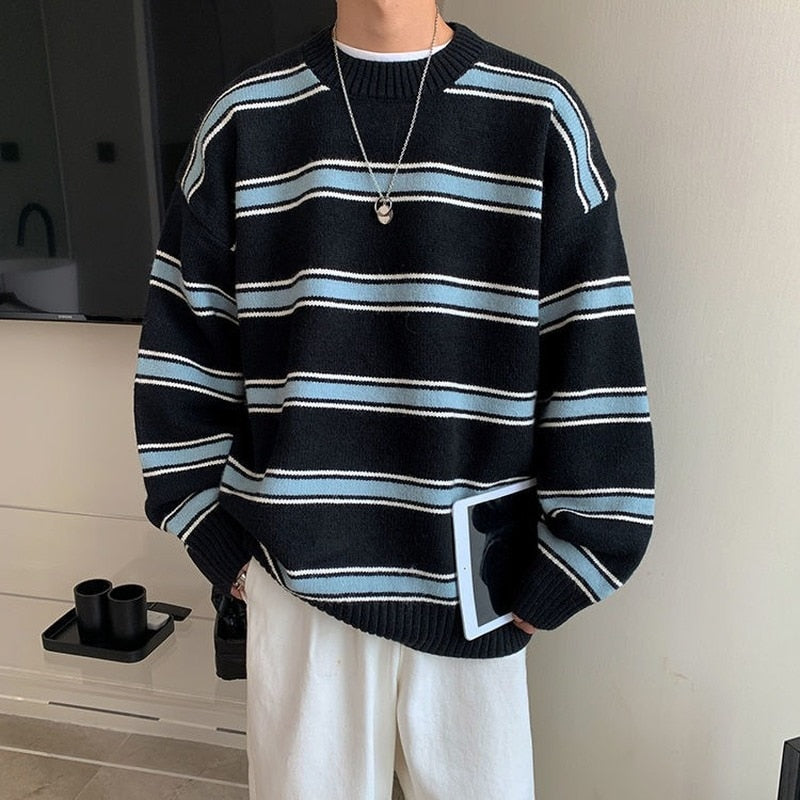Voguable Striped Sweater Men Round Neck Winter Pullover Sweater Korean Fashion Harajuku Loose Wild Long Sleeve Sweater Oversize voguable