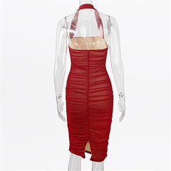 Halter Ruched Mesh Bodycon Club Wear Party Dress Solid Stretchy Sexy Women Outfits Slit Elegant Midi Dress voguable