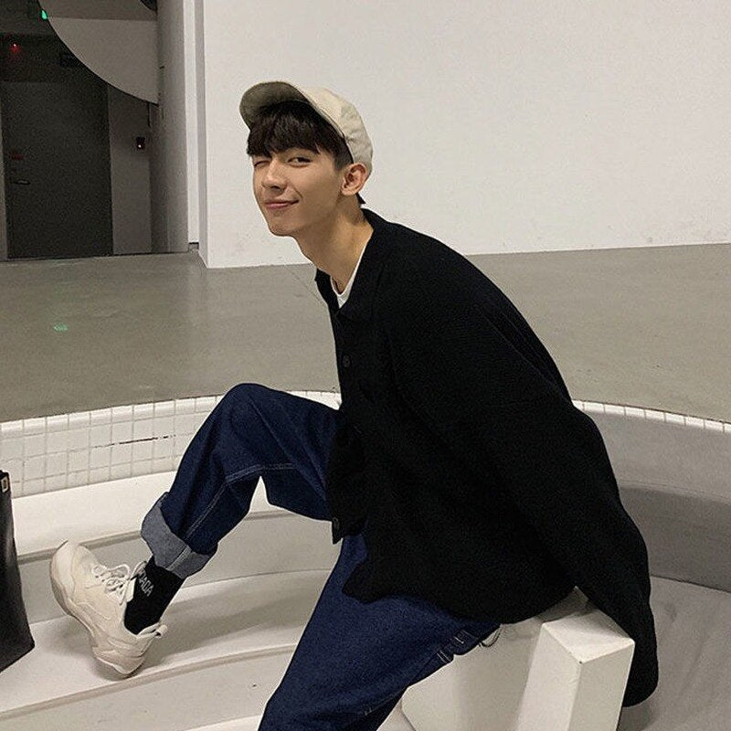 Voguable Oversize Cardigan Men Thick Ins Autumn and Winter Retro Loose Casual Button Solid Color Couple Knit Mens Cardigan Sweater Coat voguable