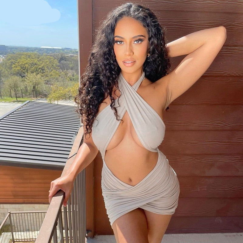 Voguable   Halter Hollow Out Sexy Mini Dress Summer Women Fashion Streetwear Outfits Solid Club Y2K Clothing voguable