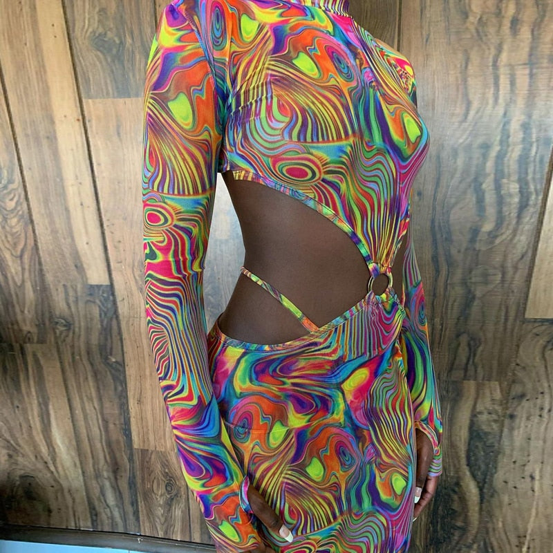 Voguable 2022 Long Sleeve Tie Dye Style Patchwork Sequined Backless Mini Dress Spring Summer Women Fashion Sexy Partywear voguable
