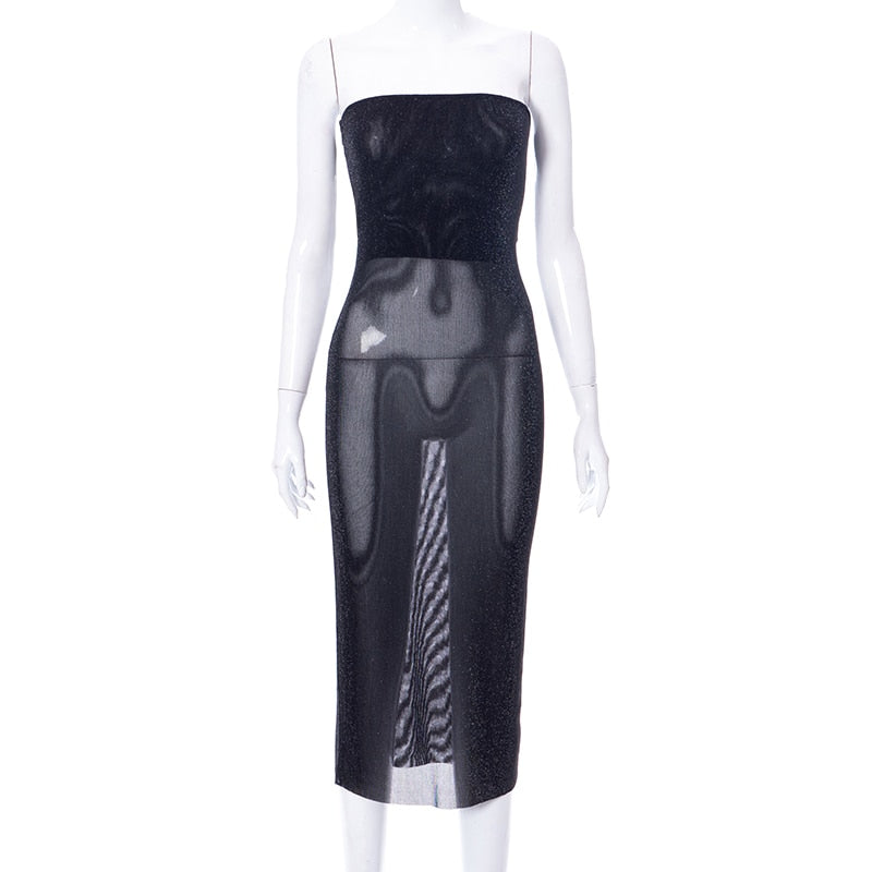 Voguable  Mesh Off Shoulder Black Sleeveless Patchwork See Through Sexy Midi Dress 2022 Summer Bodycon Holiday Party Outfits Y2K voguable