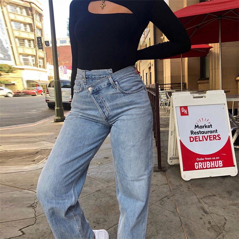 2022 Summer New Fashion Light Blue Women Asymmetric Fly Jeans With Button Closure Split Waist Straight Leg Jeans big size 2S4F voguable