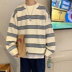 Voguable Striped Sweater Men Round Neck Winter Pullover Sweater Korean Fashion Harajuku Loose Wild Long Sleeve Sweater Oversize voguable