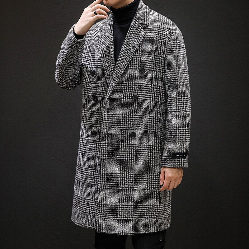 Voguable  Casual Double Breasted Mens Wool Overcoat Winter 2019 Houndstooth Jacket Men Turn-down Collar Long Woollen Wind Coat voguable