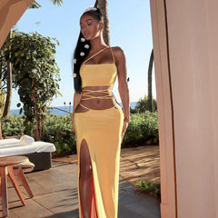 Strapless Crop Top and Long Dress Two Piece Set Yellow Women Summer Outfits Slit Party Club Vacation Beach Maxi Dress voguable