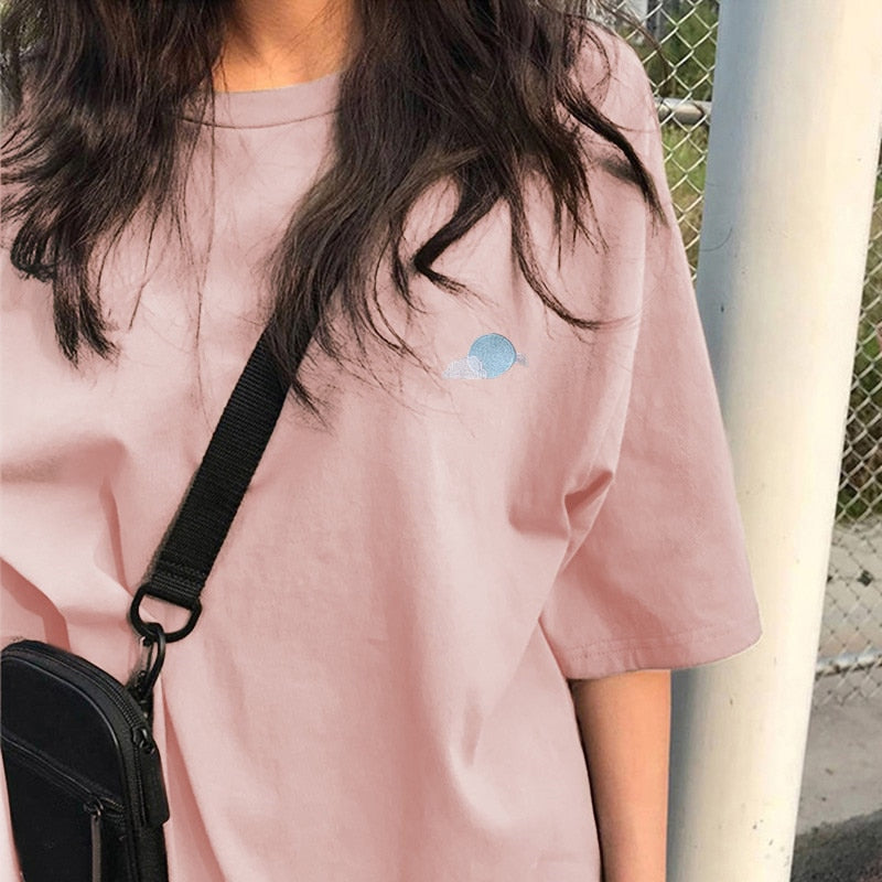 Voguable  BF Style Women T Shirt Short Sleeve O-neck Female Tops Tees Embroidery Solid Color Casual Loose Summer tshirt  New voguable