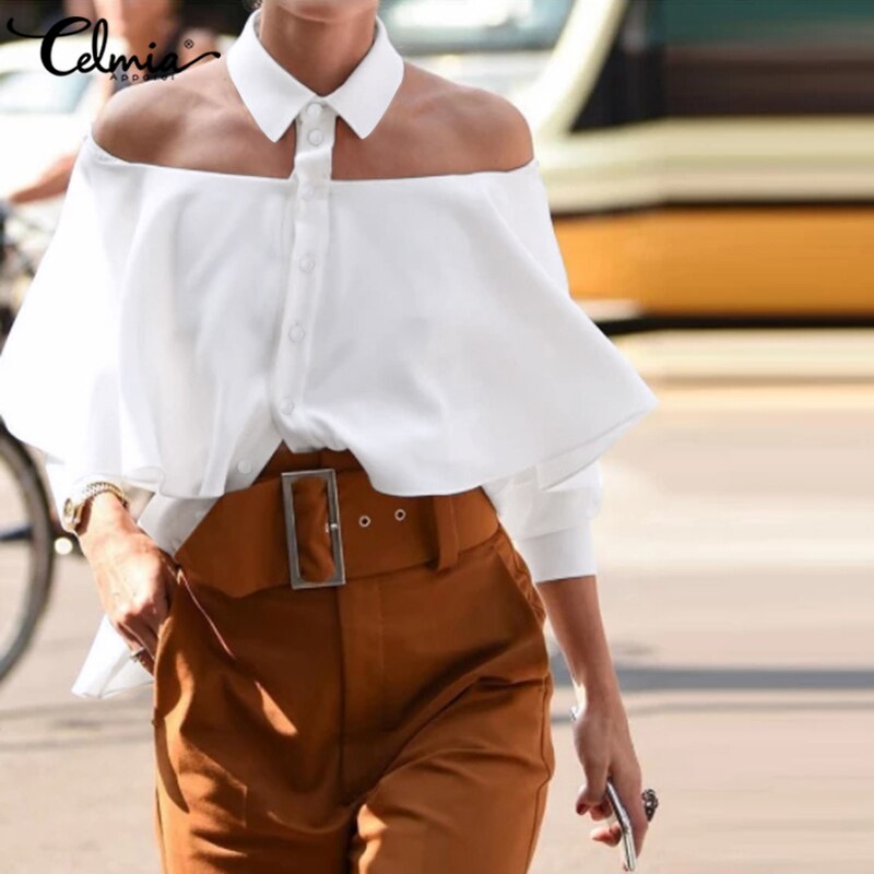 2022 Celmia Women Off Shoulder White Tops Tunics Sexy Halter Shirt Autumn Fashion Blouse 3/4 Sleeve Casual Solid Elegant Blusas voguable