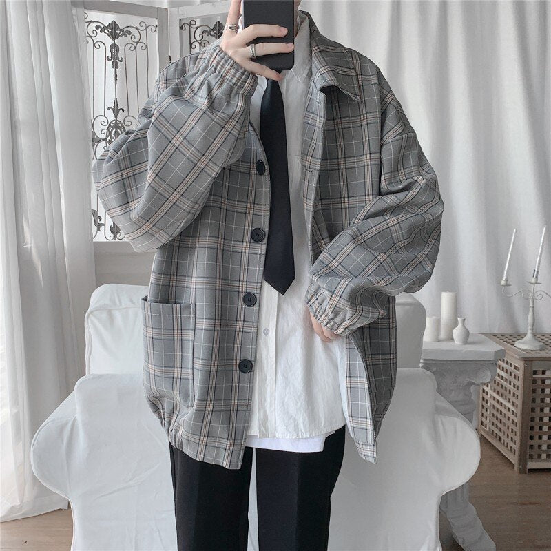 Voguable   2022 New Men's Jacket Oversize Plaid Coat Single Breasted Turn-down Collar Vintage Checkered Windbreaker Clothing Tops Man Khaki voguable
