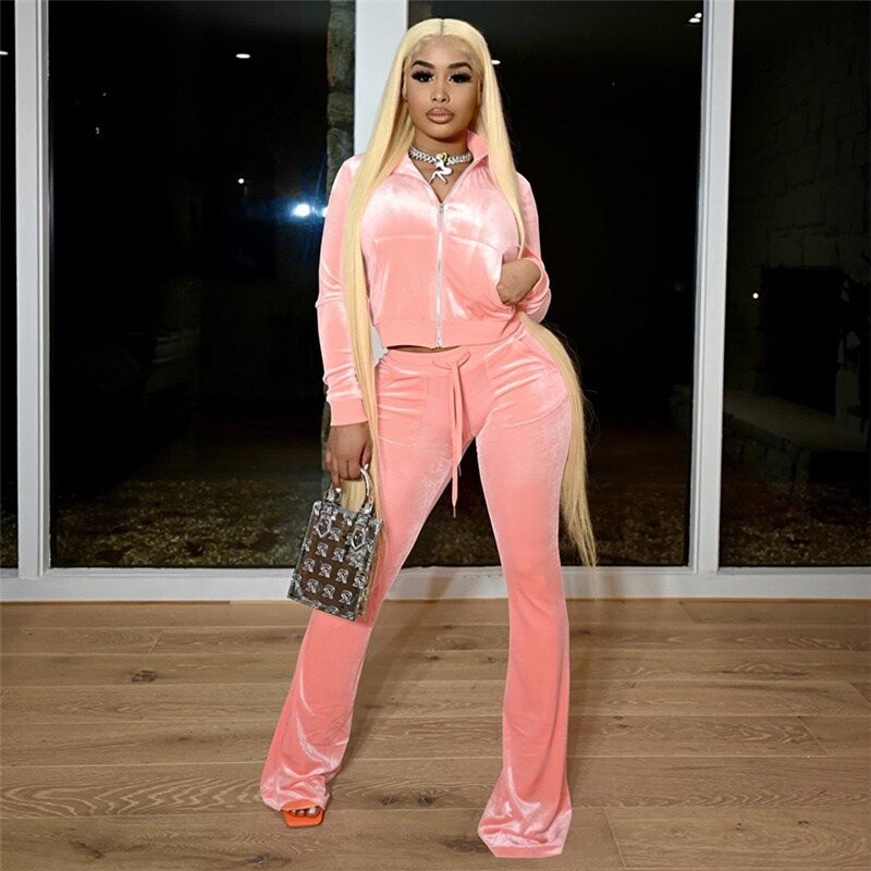 Voguable  Simple Casual 2 Piece Set Women Solid Velour Zipper Long Sleeve Turtleneck Top Lace Bandage Slim Female Wide Leg Pants voguable