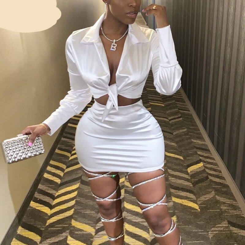 Voguable   2022 long sleeve satin V-neck wrapped crop tops skirt 2 pieces set autumn winter women pure pink party streetwear track voguable