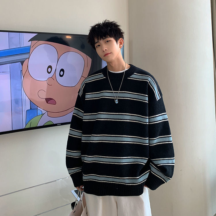 Voguable Striped Sweater Men Round Neck Winter Pullover Sweater Korean Fashion Harajuku Loose Wild Long Sleeve Sweater Oversize voguable