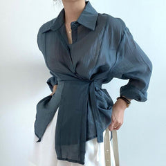 Summer Autumn Vintage Long Sleeve Thin Blouses Irregular Single Breasted Lace-up Casual Tops Women Korean Fashion Blusas voguable