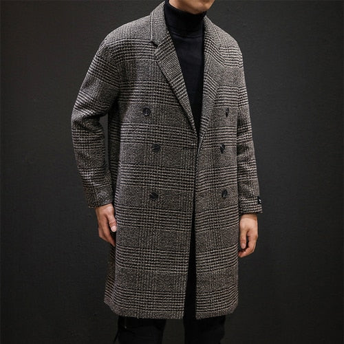 Voguable  Casual Double Breasted Mens Wool Overcoat Winter 2019 Houndstooth Jacket Men Turn-down Collar Long Woollen Wind Coat voguable