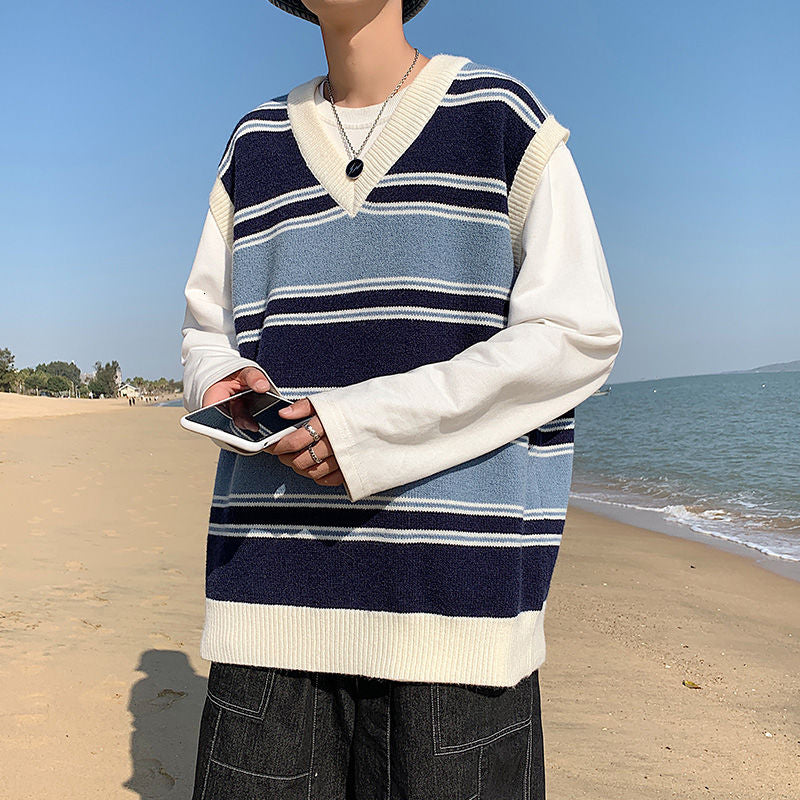 Voguable Sweater Vest Men's Fashion Retro Casual V-neck Sweater Vest Men Streetwear Korean Loose Vest Sweater Pullover Mens Clothes M-2XL voguable