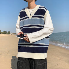 Voguable Sweater Vest Men's Fashion Retro Casual V-neck Sweater Vest Men Streetwear Korean Loose Vest Sweater Pullover Mens Clothes M-2XL voguable
