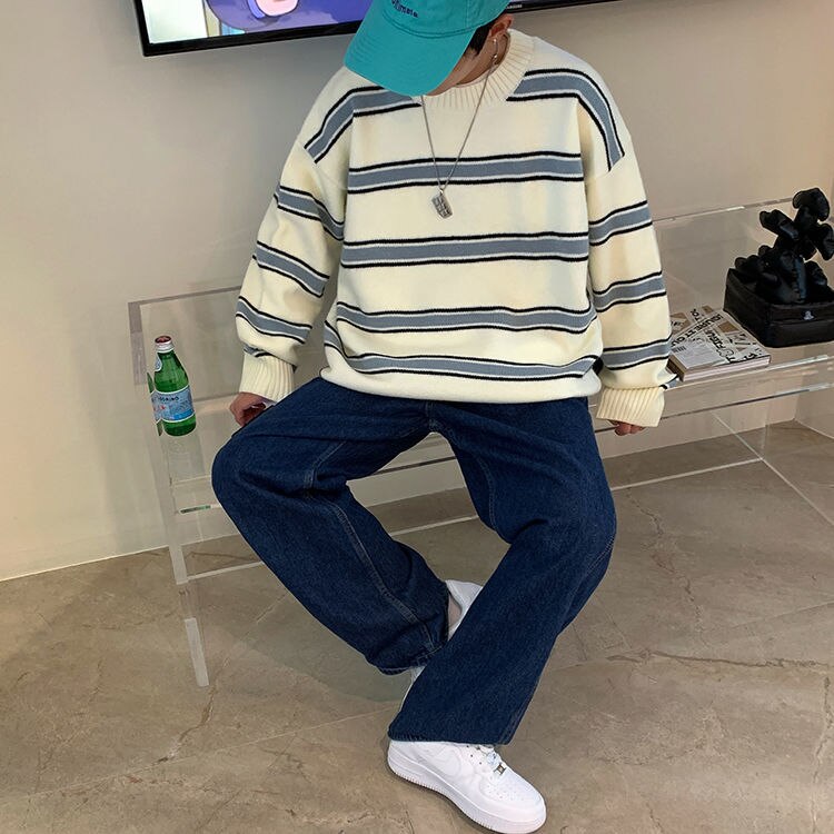 Voguable Striped Sweater Men Round Neck Winter Pullover Sweater Korean Fashion Harajuku Loose Wild Long Sleeve Sweater Oversize voguable
