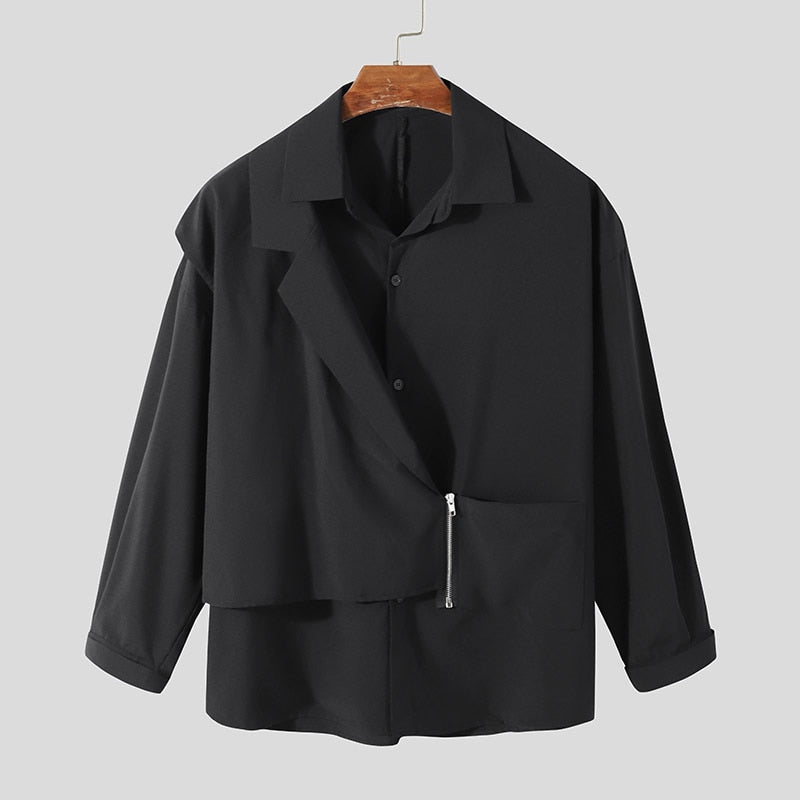 Voguable 2022 Fashion Men Casual Shirt Lapel Patchwork Long Sleeve Button Zipper Streetwear Fake Two Pieces Tops Camisas S-5XL INCERUN voguable
