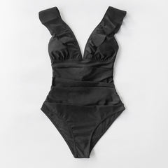 Voguable  Solid Black Ruffled One-piece Swimsuit Women Sexy Lace Up Monokini Swimwear 2022 New Girl Beach Bathing Suits voguable