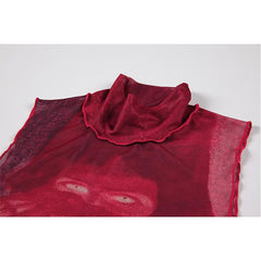 Voguable Tie Dye Mesh High Neck Hand Painted Printed Women Top 2022 Summer Fashion Sleeveless Slim T Shirt Lady Holiday Beach Style Tops voguable