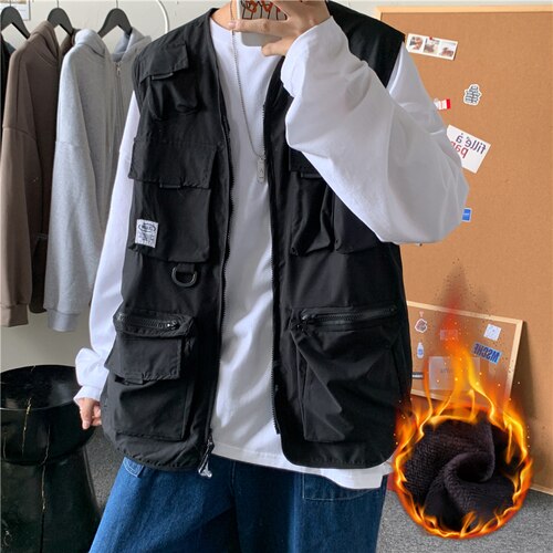 Vests Men Multi-pockets Chic Plus Size 3XL Tactic Teens Japanese Style Plus Velvet Chic Fashion Streetwear Jackets Hip-hop Coat voguable